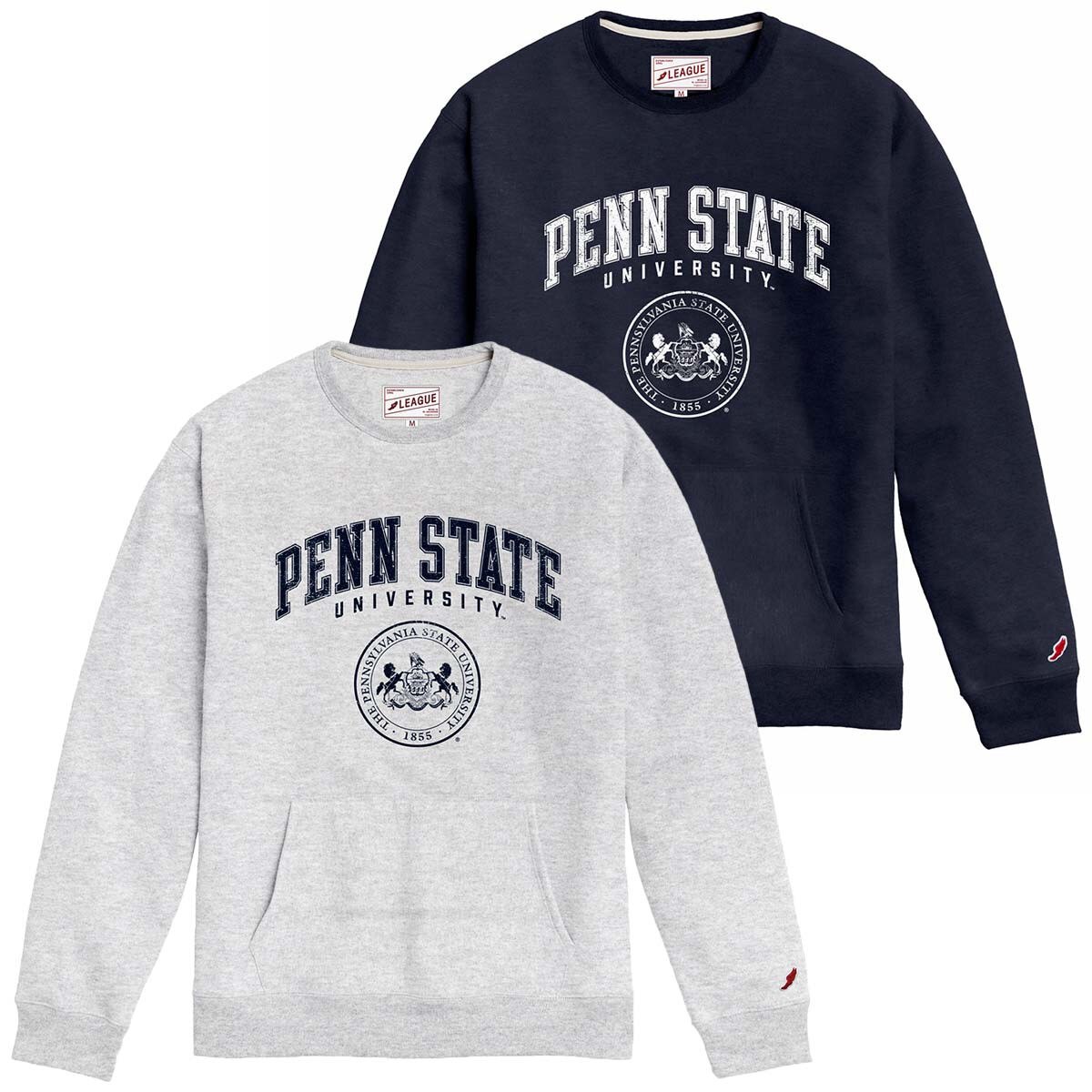 heather gray and navy crew neck sweatshirts with pockets, Penn State University with Seal
